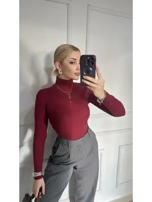 Bordo Balıkçı Yaka Kaşkorse Boğazlı Kazak