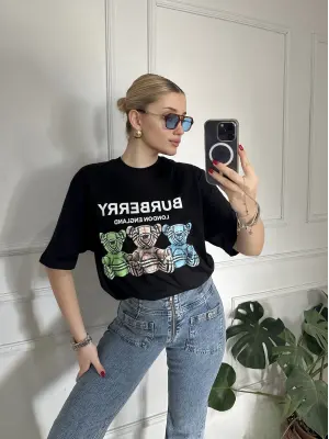 Burbe Siyah Ayıcık Baskılı %100 Pamuk Orijinal Marka Etiketli Oversize Tshirt