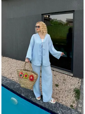 Ferina Bebe Mavi Muslin Ön Bağlamalı Kimono Takım