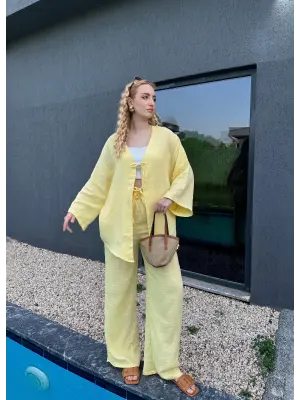 Ferina Pastel Sarı Muslin Ön Bağlamalı Kimono Takım
