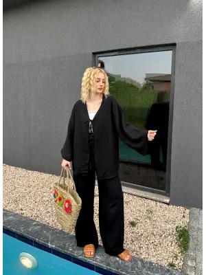 Ferina Siyah Muslin Ön Bağlamalı Kimono Takım