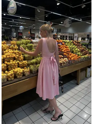 Fiona Pembe Kurdele Detay Korseli Midi Boy Elbise