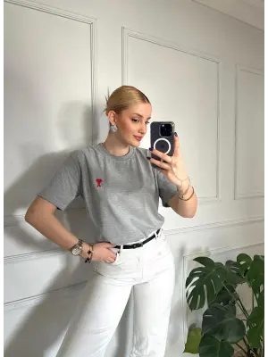 Kalp Nakış Orijinal Marka Oversize Pamuk Gri Tshirt