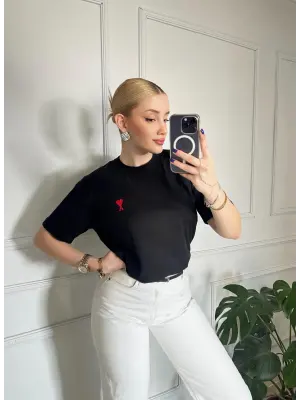 Kalp Nakış Orijinal Marka Oversize Pamuk Siyah Tshirt