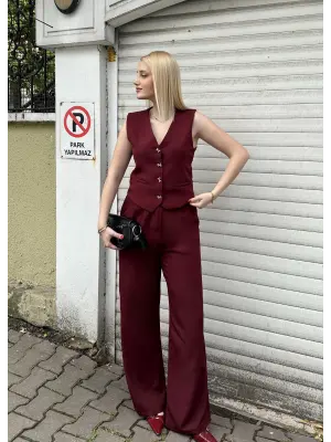 Laris Bordo Gold Kelebek Düğme Yelek Pantolon Takım