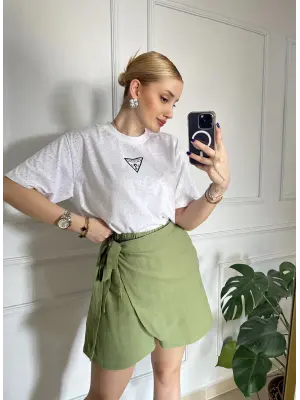 Lavina Haki Müslin Bağlamalı Şort Etek