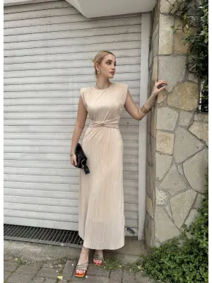 Melina Bej Düğüm Detay Piliseli Elbise