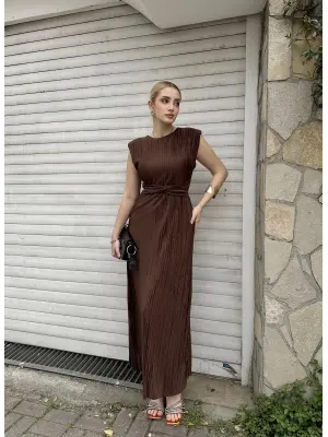 Melina Kahve Düğüm Detay Piliseli Elbise