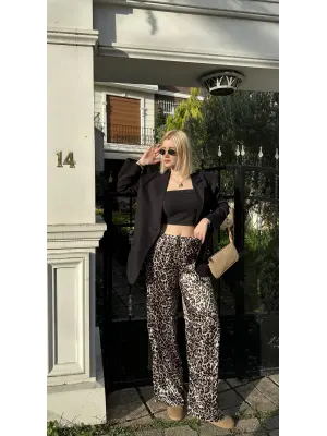 Nivy Gold Leopar Saten Pantolon