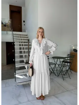 Olivette Kırık Beyaz Fırfırlı Premium Astarlı Tam Boy Elbise