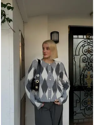 Otto Gri Baklava Desen Düğmeli Triko Kazak