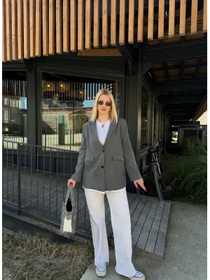 Parte Baskılı Önden Düğmeli Oversize Blazer Ceket