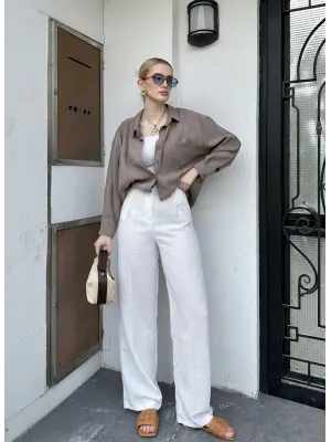 Pema Müslin Keten Düğmeli Beyaz Palazzo Pantolon