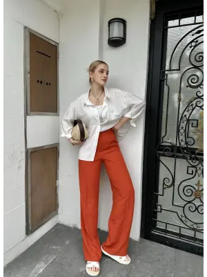 Pema Müslin Keten Düğmeli Kiremit Palazzo Pantolon