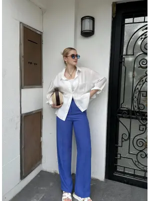 Pema Müslin Keten Düğmeli Mavi Palazzo Pantolon