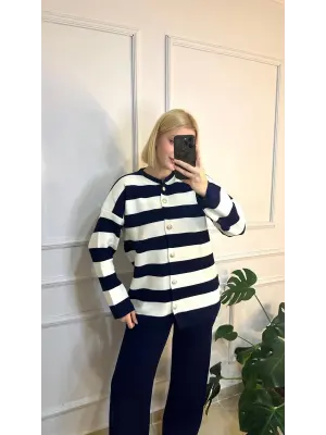 Perida Lacivert Gold Düğmeli Çizgili Hırka/Pantolon İkili Takım