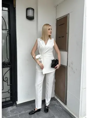 Reneta Beyaz Belden Bağlamalı Yelek Pantolon Takım