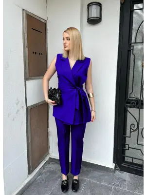 Reneta SaksMavi Belden Bağlamalı Yelek Pantolon Takım