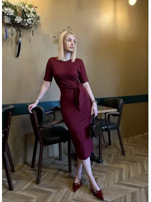 Roselin Bordo Belden Bağlamalı Midi Boy Esnek Elbise
