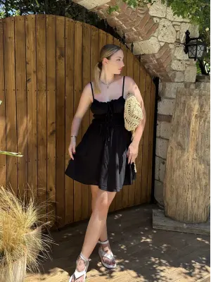 Ruffle Siyah Keten Bağlama Detay Astarlı Mini Elbise