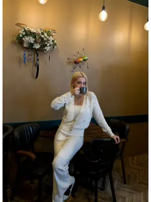 Sally Bej İncili 3lü Triko Takım