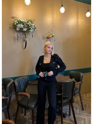 Sally Siyah İncili 3lü Triko Takım