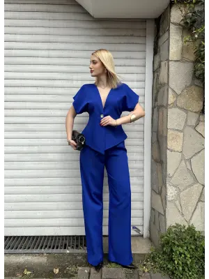 Valera Saks Mavi Yarasa Kol Tek Düğme Astarlı Blazer Pantolon Takım