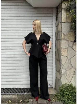 Valera Siyah Yarasa Kol Tek Düğme Astarlı Blazer Pantolon Takım