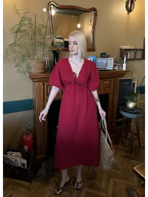 Vayla Bordo Müslin Kumaş Bağlama Detaylı Elbise