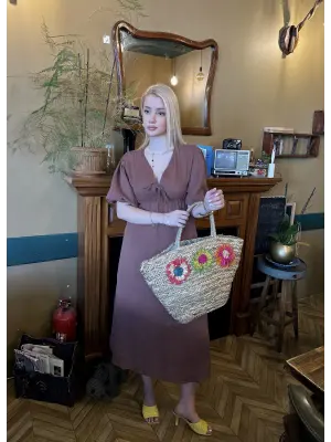 Vayla Kahve Müslin Kumaş Bağlama Detaylı Elbise