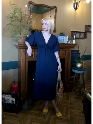 Vayla Lacivert Müslin Kumaş Bağlama Detaylı Elbise