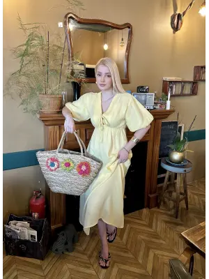 Vayla Pastel Sarı Müslin Kumaş Bağlama Detaylı Elbise