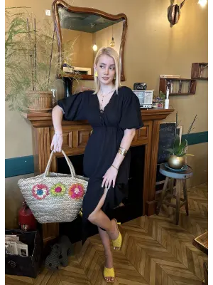 Vayla Siyah Müslin Kumaş Bağlama Detaylı Elbise