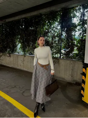 Volanlı Cepli Gri Ekose Oduncu Etek