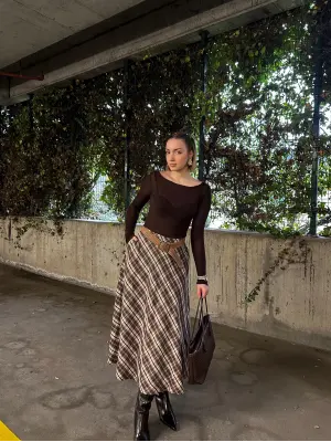 Volanlı Cepli Kahve Ekose Oduncu Etek