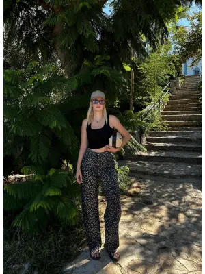 Witzel Balon Kesim Çift Cepli Yüksek Bel Leopar Pantolon