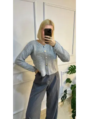 Yumie Gri Gold Düğmeli Kürk Görünümlü Yumuş Triko Hırka