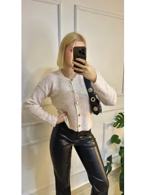 Yumie Pembe Gold Düğmeli Kürk Görünümlü Yumuş Triko Hırka