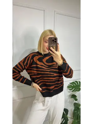 Zenya Kahverengi Zebra Desen Triko Kazak