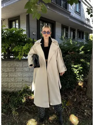 Zeze Bej Apolet Detay Kuşaklı Premium Kaşe Kaban