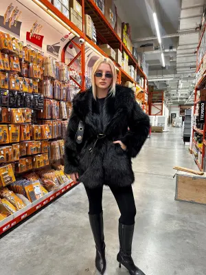 Zr Model Kemerli Yumuş Siyah Kürk