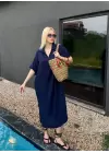 Bohem Lacivert Keten Polo Yaka Elbise