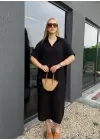 Bohem Siyah Keten Polo Yaka Elbise