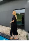 Bohem Siyah Keten Polo Yaka Elbise