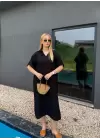 Bohem Siyah Keten Polo Yaka Elbise