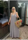 Bohemian Gri Ayarlanabilir İp Askılı Salaş Elbise