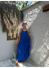 Bohemian Saks Mavi Ayarlanabilir İp Askılı Salaş Elbise