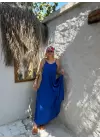 Bohemian Saks Mavi Ayarlanabilir İp Askılı Salaş Elbise
