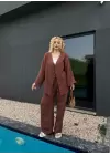 Ferina Kahve Muslin Ön Bağlamalı Kimono Takım