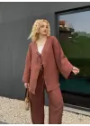 Ferina Kahve Muslin Ön Bağlamalı Kimono Takım